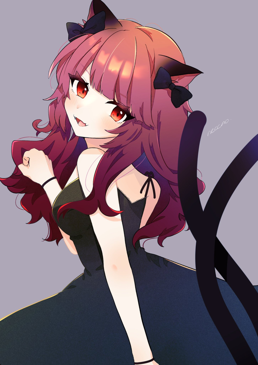 1girl alternate_hairstyle animal_ears arm_at_side armband bangs black_bow black_dress blunt_bangs blush bow breasts cat_ears clenched_hand commentary dress fangs from_side grey_background hair_bow head_tilt highres kaenbyou_rin long_hair looking_at_viewer medium_breasts multiple_tails necono_(nyu6poko) nekomata open_mouth red_eyes redhead signature simple_background solo tail tongue touhou tsurime two_tails upper_body wavy_hair