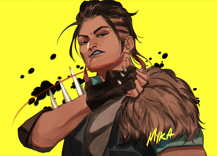 absurdres apex_legends artist_name black_gloves black_lips blue_jacket brown_eyes brown_hair earrings fingerless_gloves fur_trim gloves highres jacket jewelry mad_maggie_(apex_legends) myka parted_lips portrait scowl shoulder_spikes spiked_gloves spikes tied_hair yellow_background