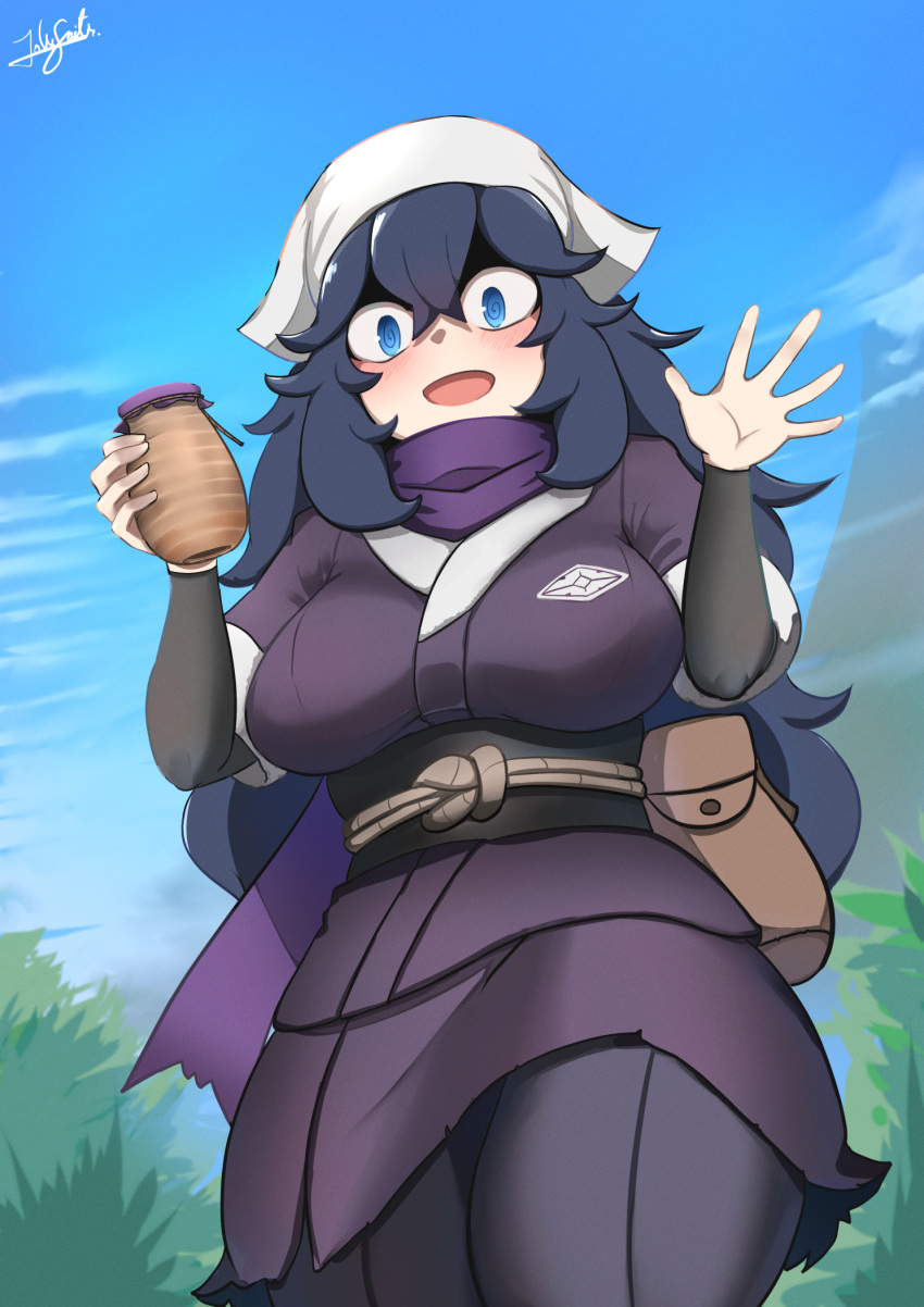 1girl @_@ akari_(pokemon) akari_(pokemon)_(cosplay) alternate_breast_size bangs black_hair black_legwear black_shirt blue_eyes blush breasts brown_bag clouds commentary_request cosplay day from_below hair_between_eyes hands_up head_scarf hex_maniac_(pokemon) highres holding holding_jar jacket jar john_(a2556349) long_hair looking_at_viewer looking_down mountain open_mouth outdoors pantyhose pokemon pokemon_(game) pokemon_legends:_arceus pokemon_xy purple_jacket purple_scarf purple_skirt sash scarf shirt signature skirt sky smile solo spread_fingers white_headwear