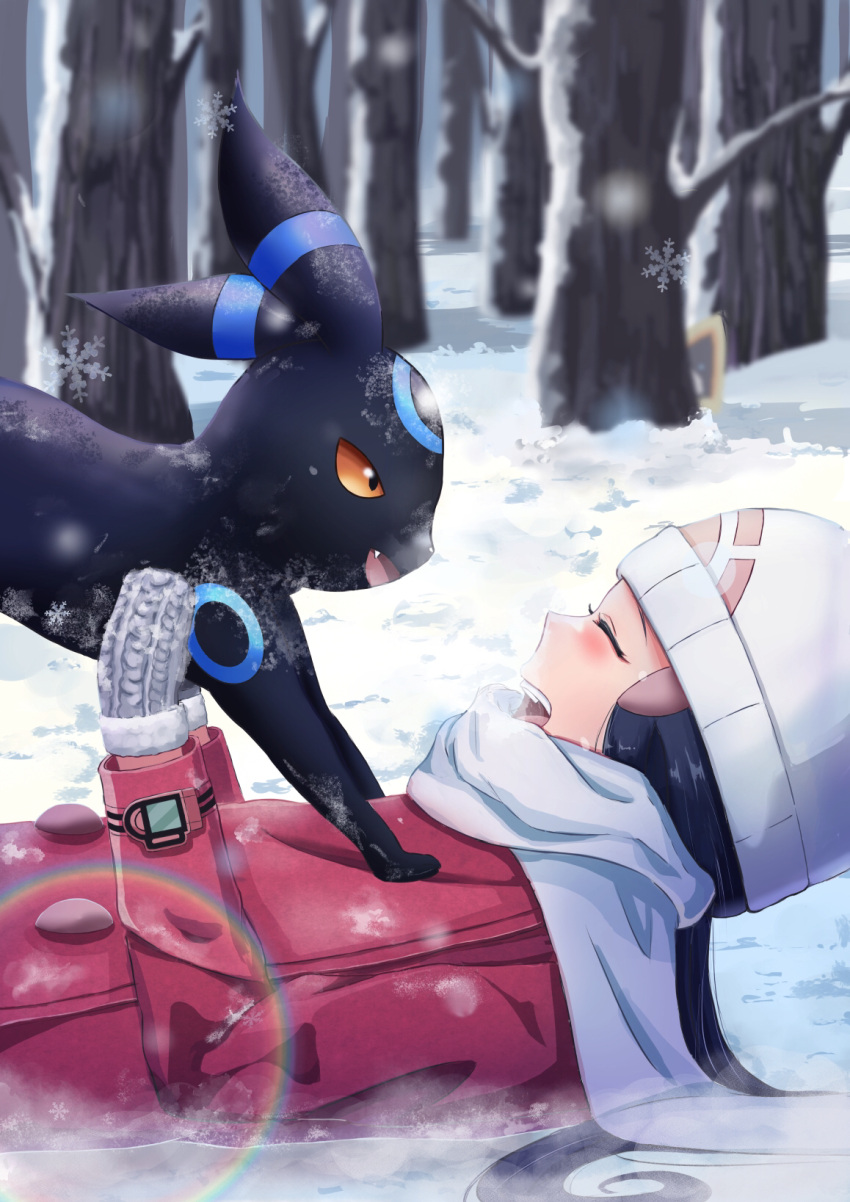 :d blurry blurry_background blush closed_eyes coat forest from_side fur-trimmed_gloves fur_trim gloves grey_gloves hat highres hikari_(pokemon) lying mittens nature on_back pink_coat pokemon pokemon_(game) pokemon_dppt profile sayu020401 scarf smile snow snowflakes umbreon upper_body white_headwear white_scarf winter winter_clothes winter_coat yellow_eyes