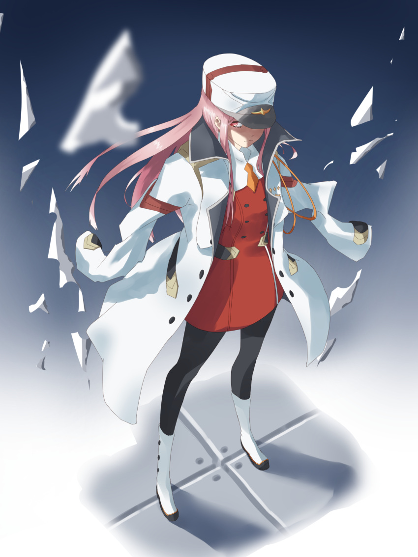 1girl darling_in_the_franxx from_above glowing glowing_eyes hat highres long_hair military military_uniform pink_hair red_eyes standing tsutarou uniform zero_two_(darling_in_the_franxx)