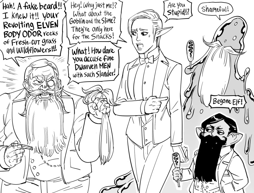 1boy 2girls among_us bb_(baalbuddy) beard bow bowtie commentary dark-skinned_female dark_skin dwarf elf english_commentary english_text facial_hair fake_beard fake_facial_hair fake_mustache female_goblin goblin greyscale highres holding jacket long_beard monochrome monocle monster multiple_girls opaque_monocle original pants parody pointy_ears short_hair simple_background slime_(creature) tuxedo white_background wide-eyed