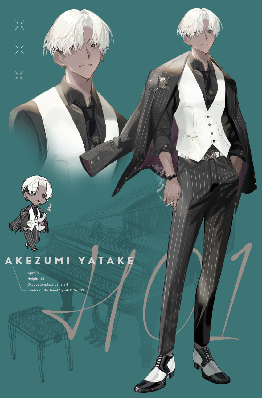 1boy absurdres belt black_eyes black_necktie character_name character_profile chibi cigarette closed_mouth collared_shirt earrings full_body green_background hand_in_pocket highres holding holding_cigarette jacket jacket_on_shoulders jewelry male_focus necktie original pants shio_(oxstl) shirt shoes standing suit_jacket variations vest waistcoat watch watch white_hair