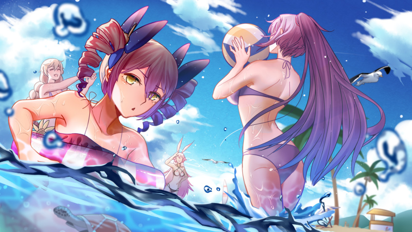 4girls :d :o animal_ears ass back ball bangs beach bikini blue_sky bow bronya_zaychik brown_bikini closed_eyes clouds cloudy_sky drill_hair fox_ears frilled_bikini frills grey_eyes grey_hair hair_bow highres holding holding_ball honkai_(series) honkai_impact_3rd innertube kiana_kaslana littef long_hair looking_at_viewer multiple_girls ocean open_mouth outdoors palm_tree pink_hair ponytail purple_bikini raiden_mei sky smile swimsuit tree turtle twin_drills violet_eyes volleyball water wet white_bikini white_hair yae_sakura