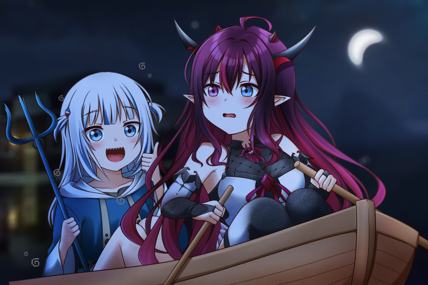 2girls absurdres black_legwear blue_eyes gawr_gura heterochromia highres holding holding_oar holding_trident hololive hololive_english horns irys_(hololive) jan_azure long_hair looking_away multiple_girls night oar outdoors parted_lips pointy_ears polearm redhead rowboat sharp_teeth sitting teeth thigh-highs thumbs_up trident violet_eyes virtual_youtuber weapon