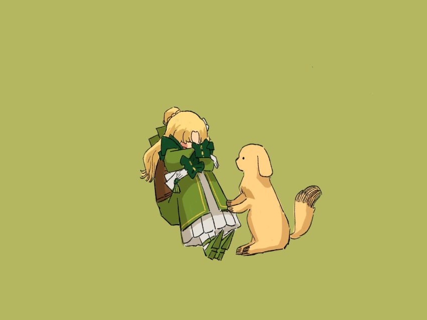 1girl audrey_hall blonde_hair blush chinese_commentary commentary_request corset dog dress fetal_position fyy2333 gloves golden_retriever green_background green_dress green_footwear green_ribbon hidden_face highres hugging_own_legs long_hair long_sleeves lord_of_the_mysteries ribbon simple_background susie_(lord_of_the_mysteries) white_gloves white_legwear