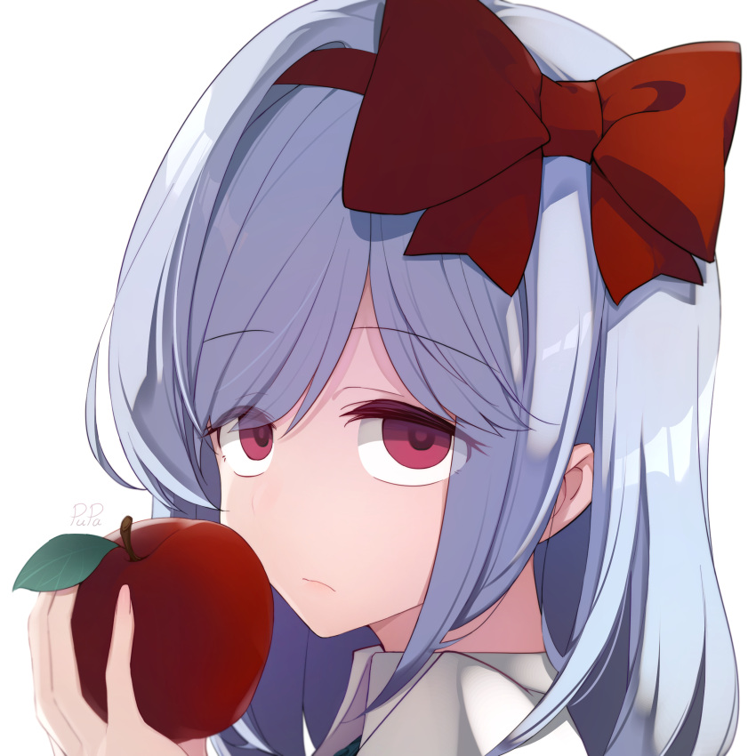 1girl absurdres apple artist_name black_souls bow bow_hairband chinese_commentary closed_mouth eyebrows_visible_through_hair eyes_visible_through_hair food frown fruit hairband highres holding holding_food holding_fruit leaf light_blue_hair long_hair pink_eyes pink_pupils portrait pupa_jiang red_bow red_hairband simple_background snow_white_(black_souls) solo white_background