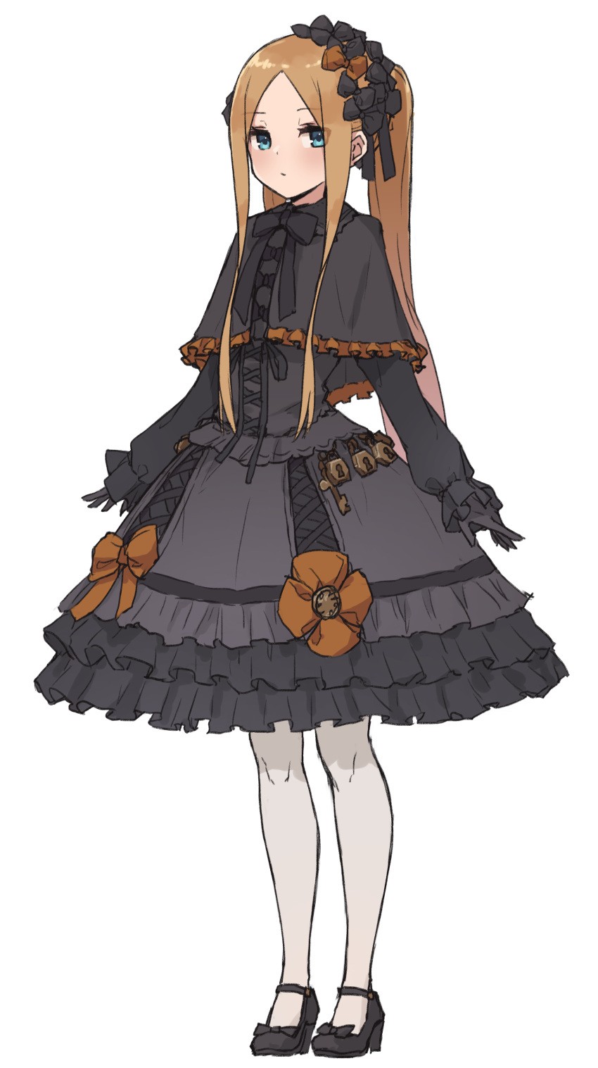 1girl abigail_williams_(fate) absurdres alternate_costume black_footwear black_gloves blonde_hair blue_eyes capelet dress eyebrows_visible_through_hair fate/grand_order fate_(series) frilled_skirt frills full_body gloves gothic_lolita highres key kopaka_(karda_nui) lock lolita_fashion long_hair long_sleeves looking_at_viewer padlock pantyhose ponytail simple_background skirt solo standing white_background white_legwear