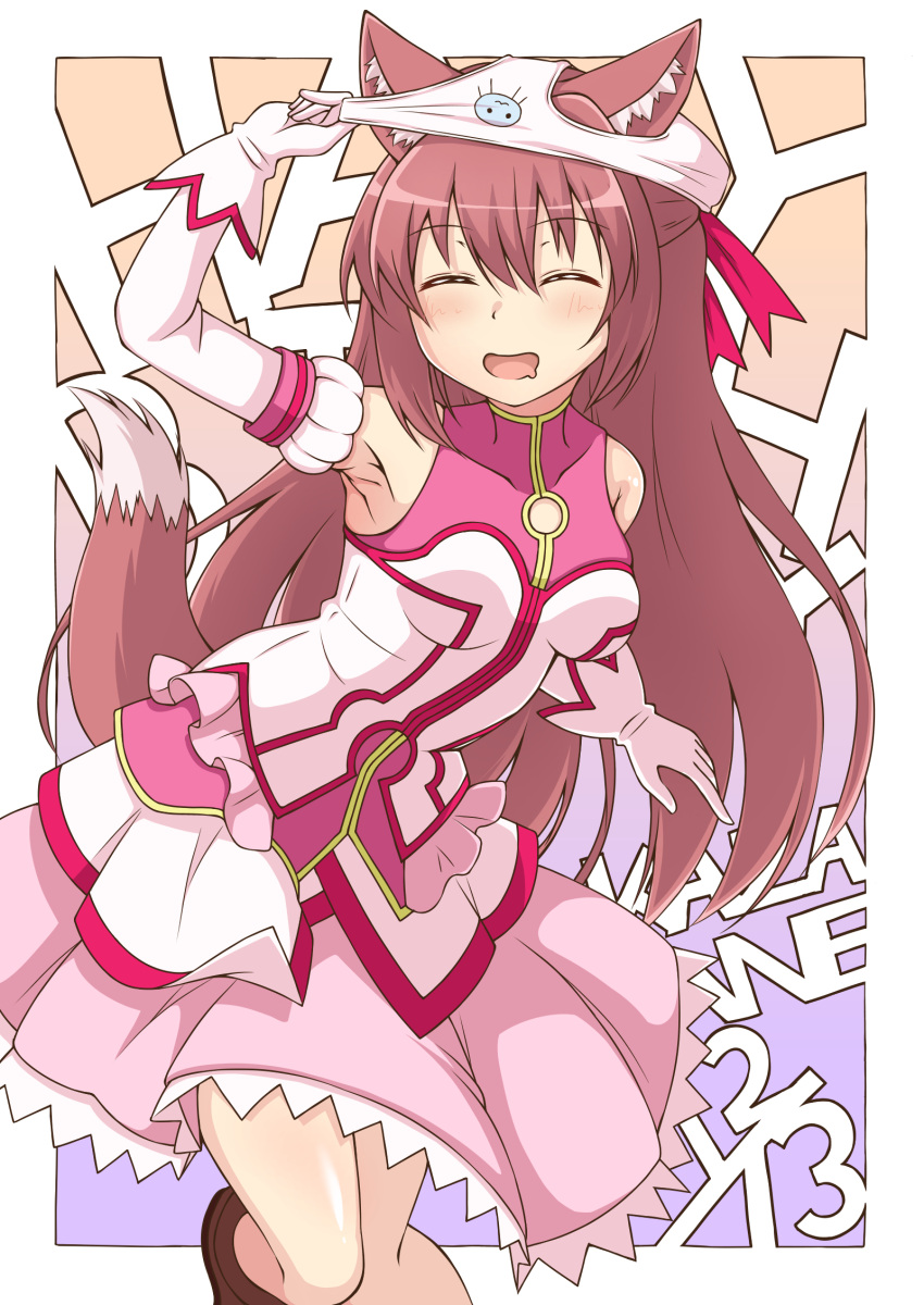 1girl akaza_akane animal_ears armpits bare_shoulders blush border breasts brown_hair closed_eyes cosplay elbow_gloves eyebrows_visible_through_hair fox_ears fox_tail gloves highres long_hair magical_girl medium_breasts object_on_head open_mouth panties panties_on_head pink_panties saliva shiny shiny_hair shiny_skin smile solo standing tail underwear white_border white_gloves yurikamome8160 yuru_yuri