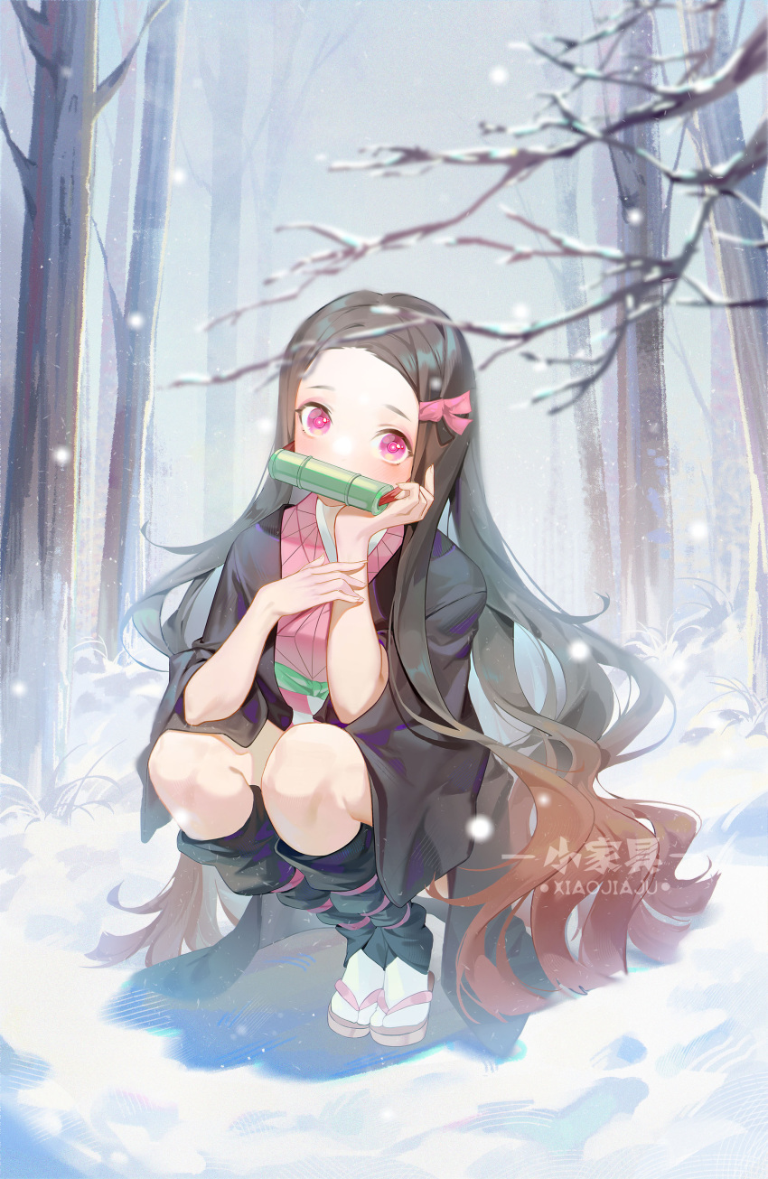 1girl absurdres bit_gag black_hair black_legwear brown_hair floating_hair forest full_body gag gradient_hair hair_ribbon haori highres japanese_clothes kamado_nezuko kimetsu_no_yaiba kimono lan-ge-zi long_hair looking_at_viewer multicolored_hair nature pink_eyes pink_kimono pink_ribbon print_kimono ribbon short_kimono sno snowing solo squatting tabi very_long_hair winter