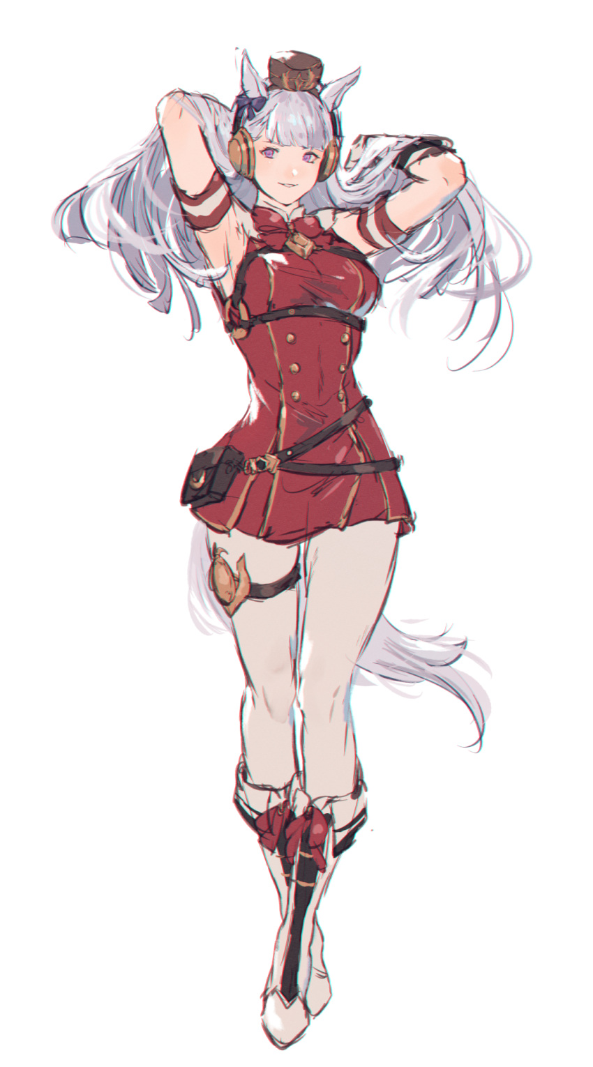 1girl animal_ears armpits arms_behind_head bangs bare_shoulders boots bow bowtie brown_headwear full_body gloves gold_ship_(umamusume) hair_bow highres horse_ears horse_girl horse_tail long_hair looking_at_viewer pants purple_hair red_bow red_bowtie red_shirt shimatani_azu shirt simple_background sleeveless sleeveless_shirt smile solo tail umamusume violet_eyes white_background white_footwear white_gloves white_pants