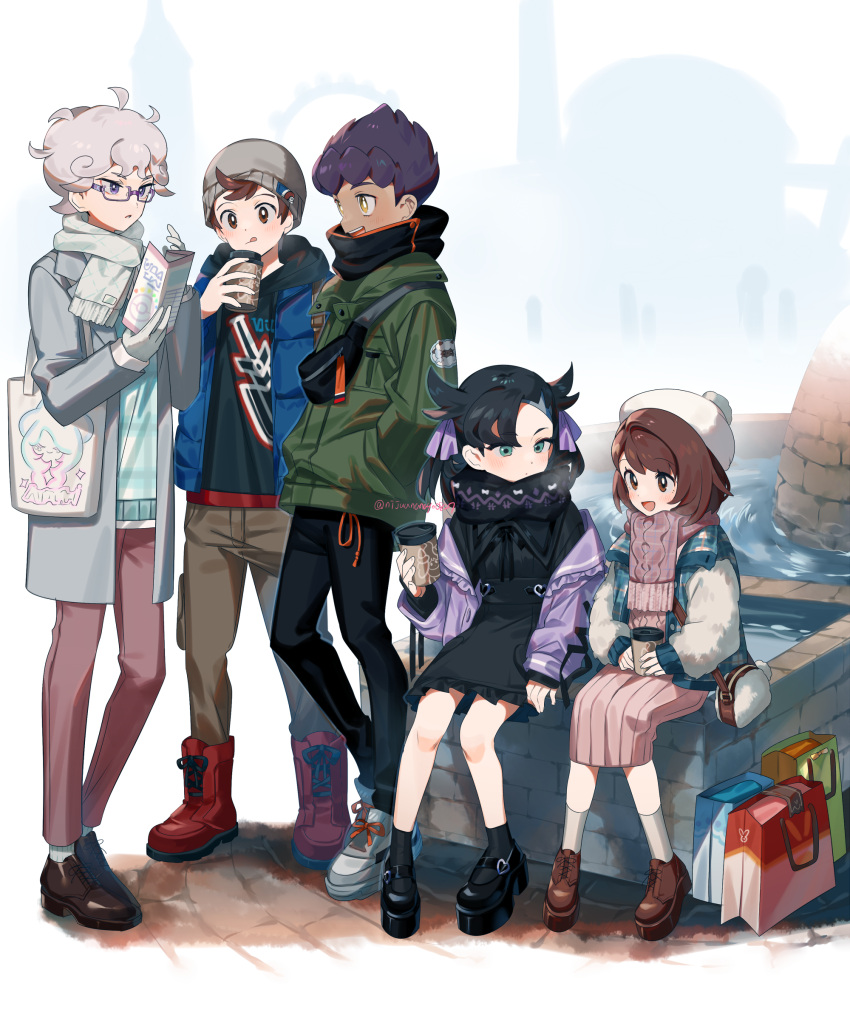 2girls 3boys :d ahoge alternate_costume bag bangs beanie bede_(pokemon) bespectacled black_hair blush boots brown_hair character_print coat commentary_request cup curly_hair disposable_cup glasses gloria_(pokemon) grey_footwear grey_hair hat hatterene highres holding hop_(pokemon) knees marnie_(pokemon) miyukiyo multiple_boys multiple_girls open_clothes open_coat open_mouth pants pokemon pokemon_(game) pokemon_swsh red_footwear scarf shoes shopping_bag short_hair sitting smile socks victor_(pokemon) water