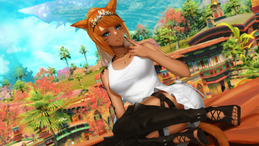 1girl absurdres animal_ears arm_tattoo avatar_(ff14) bangs black_nails blue_eyes boots building cat_ears cat_tail circlet dark-skinned_female dark_skin day dress facial_mark final_fantasy final_fantasy_xiv freckles highres jewelry long_hair looking_at_viewer miqo'te outdoors pendant ponytail redhead sitting sleeveless slit_pupils solo swept_bangs tail tattoo thigh-highs thigh_boots toeless_footwear whisker_markings white_dress zeri_(zeristudio)