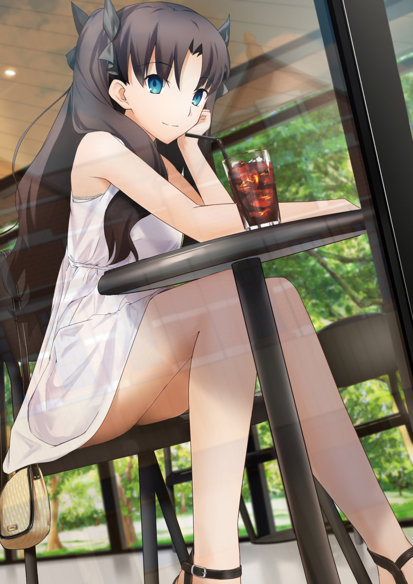 1girl a-senmei absurdres alternate_costume arm_support bangs black_hair blue_eyes blurry blurry_background brown_hair closed_mouth coffee commentary_request dress dutch_angle eyebrows_visible_through_hair eyelashes fate/stay_night fate_(series) feet_out_of_frame hair_ribbon hand_on_own_face highres iced_coffee indoors knees_together_feet_apart leaning_forward legs long_hair long_legs looking_at_viewer reflection ribbon sandals shadow shiny shiny_hair sidelocks sitting sleeveless sleeveless_dress solo sundress thighs tohsaka_rin two_side_up white_dress window