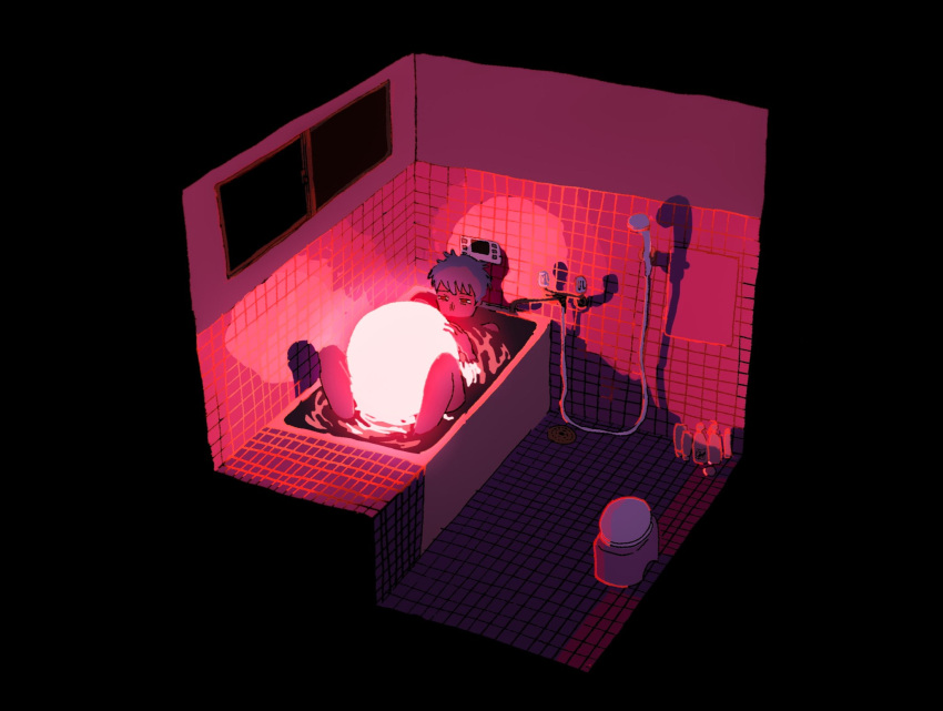 1boy bathing bathtub black_hair commentary_request cryborg glowing highres knees_up original partially_submerged pink_theme ripples shadow short_hair solo tile_floor tile_wall tiles wide_shot