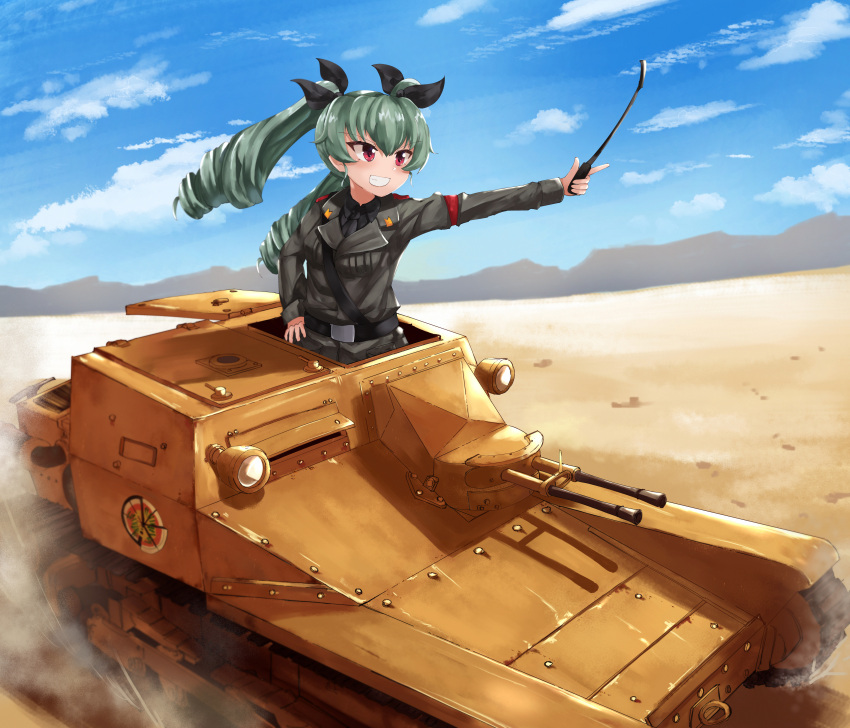 1girl absurdres anchovy_(girls_und_panzer) anzio_(emblem) anzio_military_uniform bangs belt black_belt black_neckwear black_ribbon black_shirt blue_sky carro_veloce_cv-33 clouds cloudy_sky commentary dress_shirt drill_hair driving dust_cloud emblem girls_und_panzer green_hair grey_jacket grin ground_vehicle hair_ribbon hand_on_hip highres holding jacket kurokimono001 long_hair long_sleeves looking_to_the_side military military_uniform military_vehicle motor_vehicle mountainous_horizon necktie pointing red_eyes ribbon riding_crop sam_browne_belt shirt sky smile solo tank twin_drills uniform wind wing_collar