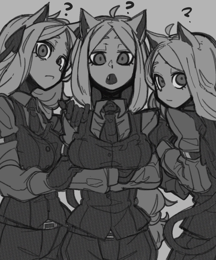 3girls ? ahoge animal_ears arm_garter belt bone_nig breasts cerberus_(helltaker) closed_mouth collared_shirt commentary_request cowboy_shot crossed_arms demon_girl demon_tail dog_ears dog_girl fang formal gloves greyscale hand_on_another's_shoulder helltaker highres long_hair long_sleeves looking_at_viewer medium_breasts monochrome multiple_girls necktie open_mouth shirt standing tail triplets waistcoat