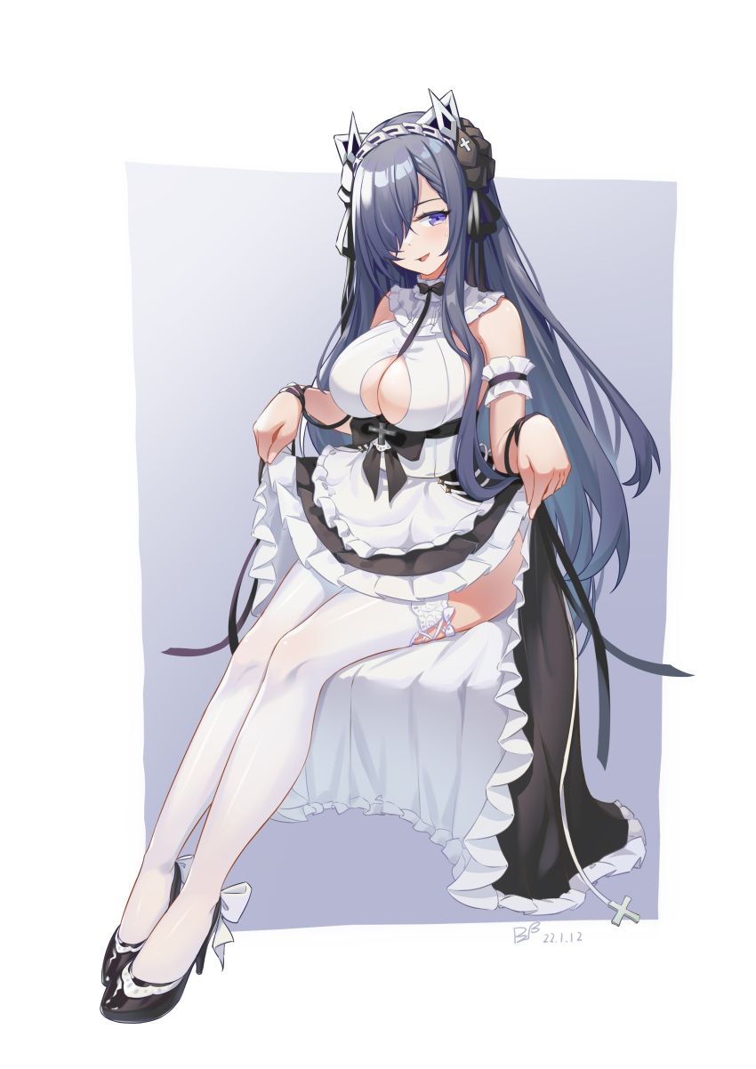 1girl absurdres apron august_von_parseval_(azur_lane) august_von_parseval_(the_conquered_unhulde)_(azur_lane) azur_lane black_dress black_footwear breasts center_opening curled_horns dress full_body high_heels highres horns lace-trimmed_legwear lace_trim large_breasts long_dress long_hair maid mechanical_horns official_alternate_costume one_eye_covered ping_zhong_yu purple_background purple_hair simple_background sitting sleeveless sleeveless_dress solo thigh-highs two-tone_background two-tone_dress very_long_hair violet_eyes white_apron white_background white_dress white_legwear