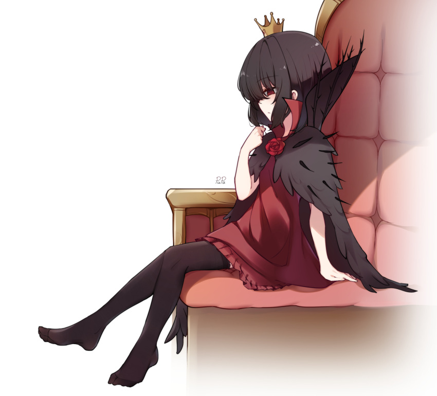 1girl absurdres artist_name bangs black_cape black_hair black_legwear black_souls cape chinese_commentary closed_mouth crown dress eyebrows_visible_through_hair eyes_visible_through_hair flower from_side fur_cape hand_up highres lorina_(black_souls) mini_crown pupa_jiang red_dress red_eyes red_flower red_rose rose short_dress short_hair sideways_mouth sitting solo thigh-highs throne zettai_ryouiki