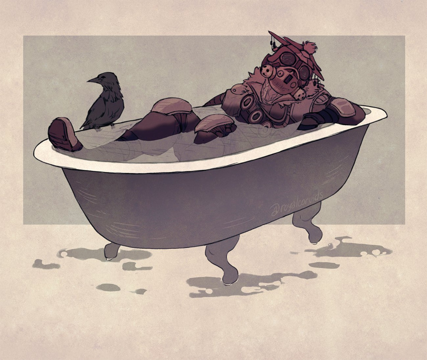 1non-binary apex_legends bathtub bird bloodhound_(apex_legends) boots cable crow fur_trim goggles head_tilt helmet jacket knee_pads looking_to_the_side magpie_(royalcorvids) partially_submerged queer rebreather sitting solo trans water