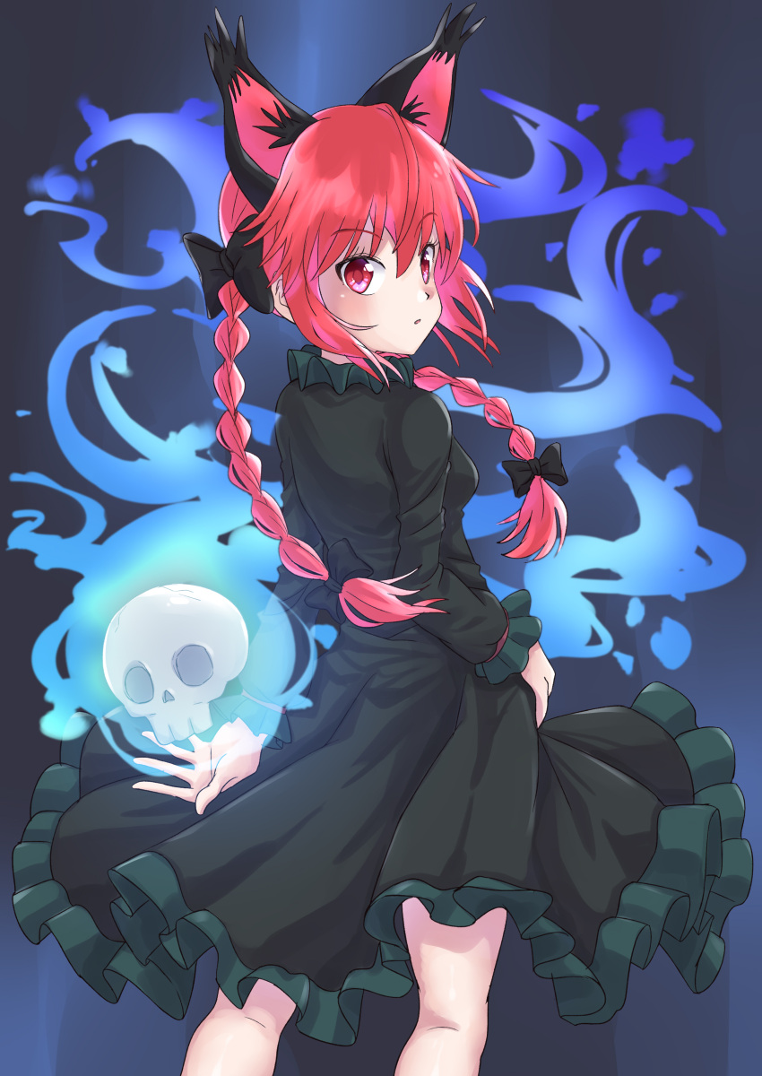 1girl :/ absurdres animal_ears blush braid breasts cat_ears dress extra_ears feet_out_of_frame fire flame from_behind green_dress highres hitodama kaenbyou_rin long_hair looking_at_viewer looking_back parted_lips ramie_(ramie541) red_eyes redhead simple_background skull small_breasts solo touhou twin_braids twintails