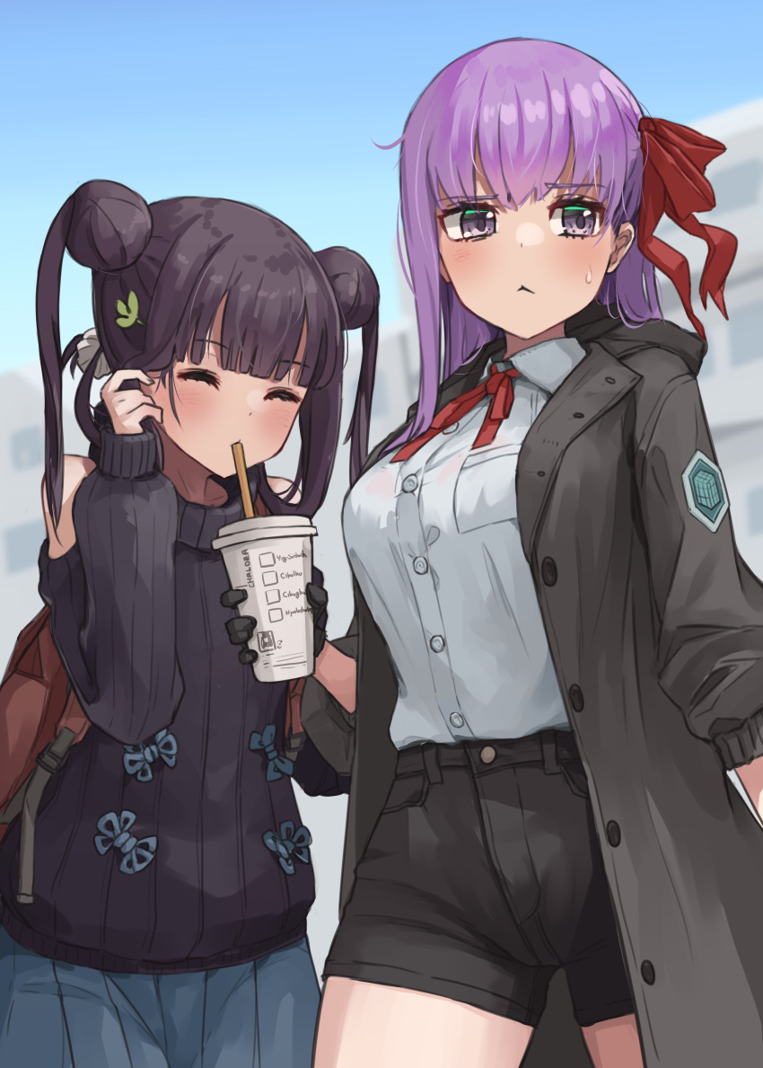 2girls absurdres bangs bb_(fate) bb_(fate/extra) black_coat black_gloves black_shorts black_sweater blue_skirt blue_sky blunt_bangs blush breasts closed_eyes clothing_cutout coat collared_shirt cup double_bun dress_shirt drinking_straw fate/extra fate/extra_ccc fate/grand_order fate_(series) gloves hair_ornament hair_ribbon highres kopaka_(karda_nui) large_breasts leaf_hair_ornament long_hair long_sleeves looking_at_viewer multiple_girls neck_ribbon open_clothes open_coat purple_hair red_ribbon ribbon shirt shorts shoulder_cutout sidelocks skirt sky smile sweater thighs twintails very_long_hair violet_eyes white_shirt yang_guifei_(fate)