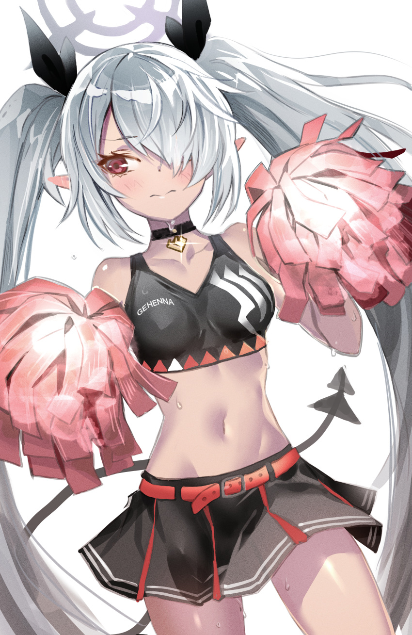1girl absurdres bare_shoulders belt black_skirt blue_archive blush breasts choker closed_mouth collarbone cowboy_shot crop_top dark-skinned_female dark_skin glint grey_hair hair_over_one_eye halo highres holding holding_pom_poms iori_(blue_archive) long_hair looking_away looking_to_the_side midriff miniskirt navel pointy_ears pom_pom_(cheerleading) red_eyes ryoma_(rym_369) sidelocks simple_background skirt small_breasts solo sweat tail tank_top twintails white_background
