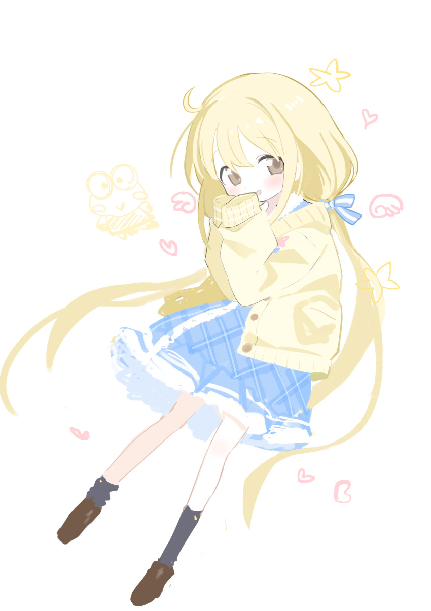 1girl :&gt; :d absurdres ahoge bangs black_legwear blonde_hair blue_bow blue_dress blush blush_stickers bow brown_eyes brown_footwear calf_socks cameo cardigan collared_dress dot_nose drawn_wings dress eyebrows_visible_through_hair floating_hair frills from_side full_body futaba_anzu hair_between_eyes hair_bow hands_up hasunoue_keroppi heart highres idolmaster idolmaster_cinderella_girls kero_kero_keroppi kokaki_mumose legs_apart long_hair long_sleeves looking_at_viewer looking_to_the_side low_twintails open_cardigan open_clothes own_hands_together pale_color parted_lips plaid plaid_dress puffy_long_sleeves puffy_sleeves sanrio shoes simple_background sketch sleeves_past_fingers sleeves_past_wrists smile solo star_(symbol) striped striped_bow tareme twintails very_long_hair white_background yellow_cardigan