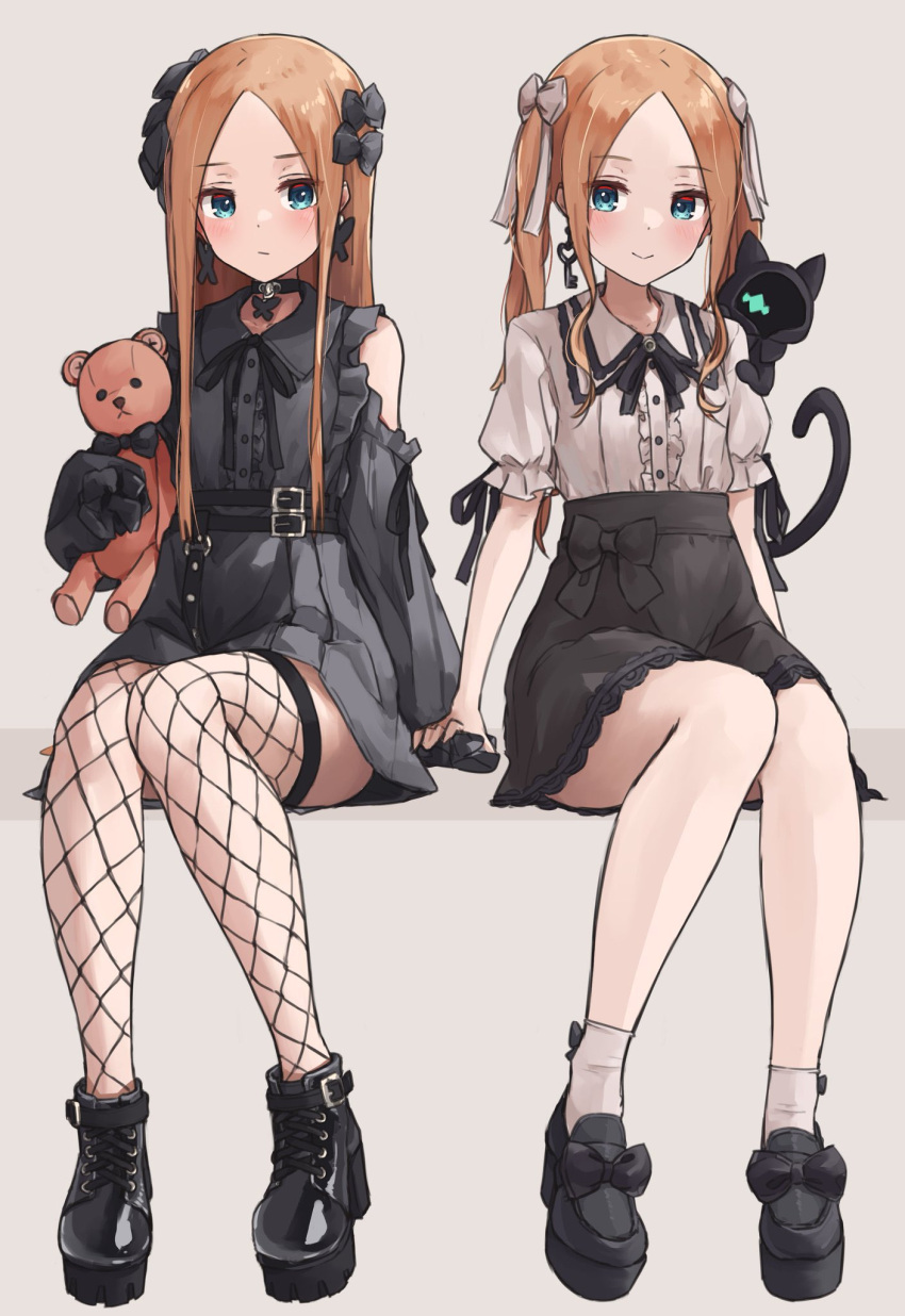2girls abigail_williams_(fate) abigail_williams_(swimsuit_foreigner)_(fate) bangs black_bow black_cat black_dress black_footwear blonde_hair blue_eyes blush bow breasts cat dress dual_persona earrings fate/grand_order fate_(series) hair_bow highres jewelry kopaka_(karda_nui) legs long_hair looking_at_viewer multiple_girls parted_bangs simple_background sitting small_breasts smile stuffed_animal stuffed_toy teddy_bear twintails