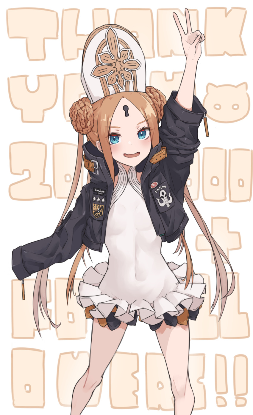1girl abigail_williams_(fate) abigail_williams_(swimsuit_foreigner)_(fate) absurdres arm_up bangs black_bow black_jacket blonde_hair blue_eyes blush bow braid braided_bun breasts covered_navel double_bun dress_swimsuit fate/grand_order fate_(series) forehead hat highres jacket keyhole kopaka_(karda_nui) long_hair long_sleeves looking_at_viewer mitre multiple_bows open_clothes open_jacket open_mouth orange_bow parted_bangs sidelocks small_breasts smile solo swimsuit thighs twintails v very_long_hair white_headwear white_swimsuit