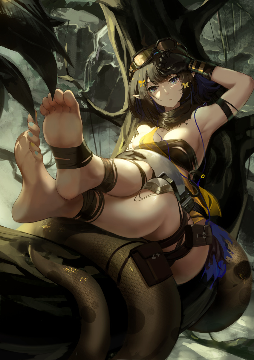 1girl absurdres arknights arm_strap arm_up armpits bangs barefoot black_gloves black_hair black_scarf blue_nails breasts closed_mouth commentary_request eunectes_(arknights) feet foot_focus foreshortening full_body gloves goggles goggles_on_head hair_ornament highres in_tree knee_pads large_breasts long_tail looking_at_viewer nail_polish outdoors pointy_ears prehensile_tail scarf short_hair sitting sitting_in_tree snake_tail solo tail tail_wrap thigh_pouch toenail_polish toenails toes tree xiaoshan_jiang