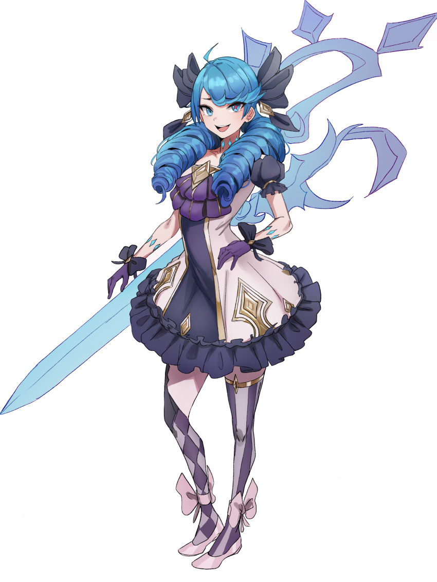 1girl :d absurdres ahoge asymmetrical_legwear bangs black_bow black_dress blue_hair bow collarbone dress drill_hair full_body gloves grey_background grey_dress gwen_(league_of_legends) hair_bow highres holding holding_scissors kiritzugu league_of_legends long_hair looking_at_viewer mismatched_legwear oversized_object puffy_short_sleeves puffy_sleeves purple_gloves scissors shiny shiny_hair short_sleeves simple_background smile star-shaped_pupils star_(symbol) strapless strapless_dress striped striped_legwear symbol-shaped_pupils teeth thigh-highs twin_drills twintails upper_teeth wrist_bow
