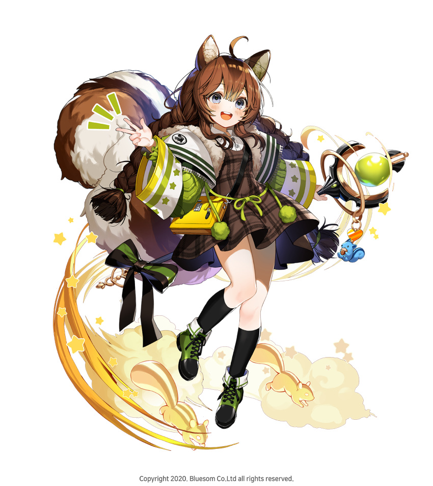 1girl 2020 ahoge animal_ears bag bangs bow brown_hair character_request company_name copyright dress floating full_body grey_eyes highres holding holding_staff jacket lentain low_twintails official_art open_clothes open_jacket open_mouth pinafore_dress shoes shoulder_bag sidelocks simple_background smile socks solo squirrel_ears squirrel_girl squirrel_tail staff tail twintails v white_background wild_girls