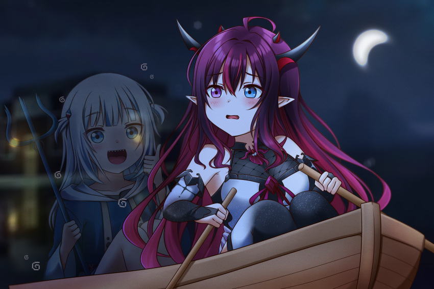 2girls absurdres black_legwear blue_eyes gawr_gura heterochromia highres holding holding_oar holding_trident hololive hololive_english horns irys_(hololive) jan_azure long_hair looking_away multiple_girls night oar outdoors parted_lips pointy_ears polearm redhead rowboat sharp_teeth sitting teeth thigh-highs thumbs_up trident violet_eyes virtual_youtuber weapon