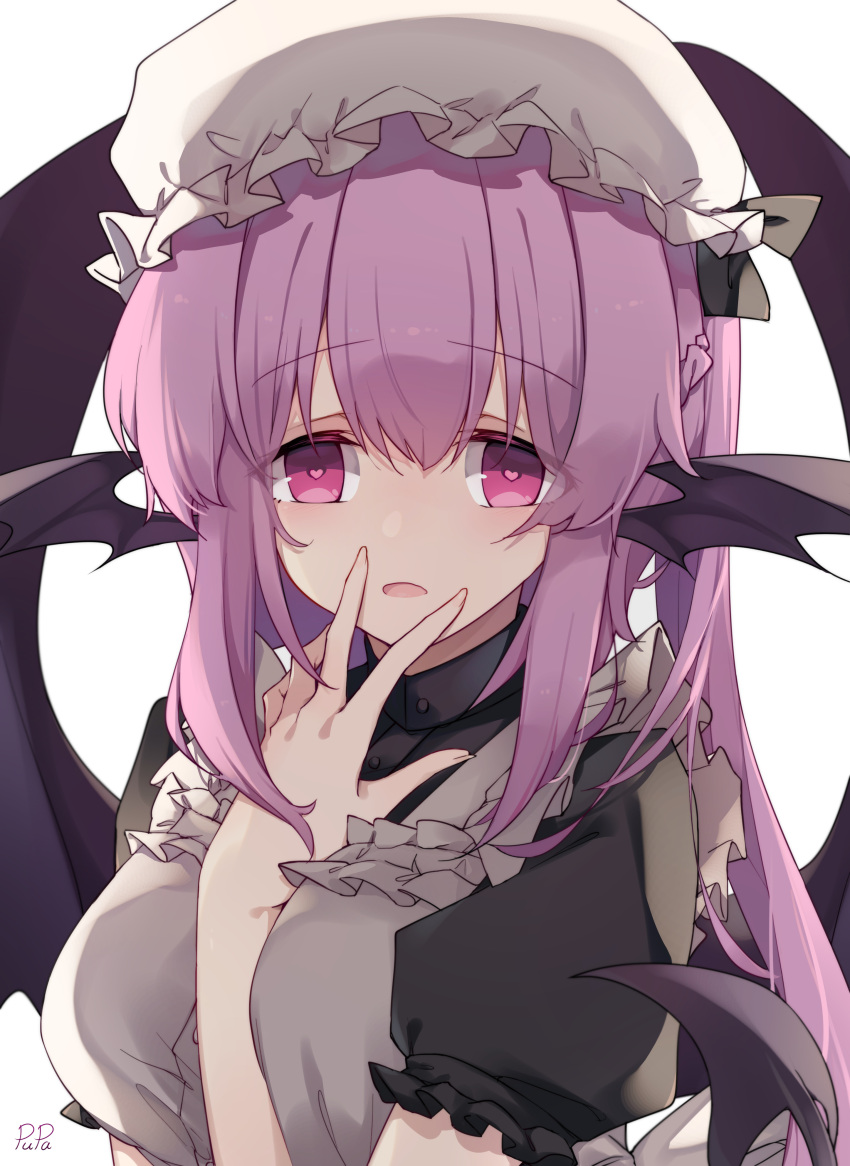 1girl absurdres apron artist_name bangs black_souls breasts chinese_commentary demon_girl demon_tail demon_wings eyebrows_visible_through_hair eyes_visible_through_hair hair_between_eyes hand_up hat head_wings heart heart-shaped_pupils highres light_purple_hair long_hair looking_at_viewer maid medium_breasts mob_cap open_mouth pink_eyes pink_pupils puffy_short_sleeves puffy_sleeves pupa_jiang purple_tail purple_wings short_sleeves simple_background solo symbol-shaped_pupils tail upper_body victoria_(black_souls) white_apron white_background white_headwear wings