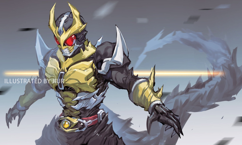 1boy altering_(agito) armor black_bodysuit bodysuit driver gauntlets gold_armor highres jiuri_jiuhao kamen_rider kamen_rider_agito kamen_rider_agito_(series) outstretched_arms powering_up red_eyes rider_belt spiked_armor spread_arms stylistic tokusatsu upper_body