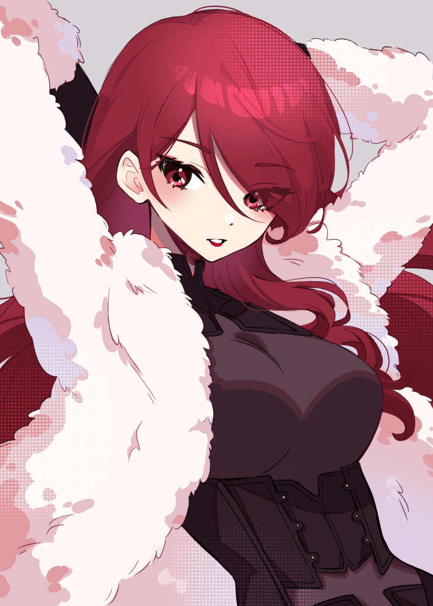 1girl absurdres bangs black_corset breasts coat corset emi_star english_commentary fur_coat grey_background hair_behind_ear highres kirijou_mitsuru large_breasts leaning_back long_hair parted_lips persona persona_3 persona_4:_the_ultimate_in_mayonaka_arena red_eyes redhead smile solo upper_body white_coat