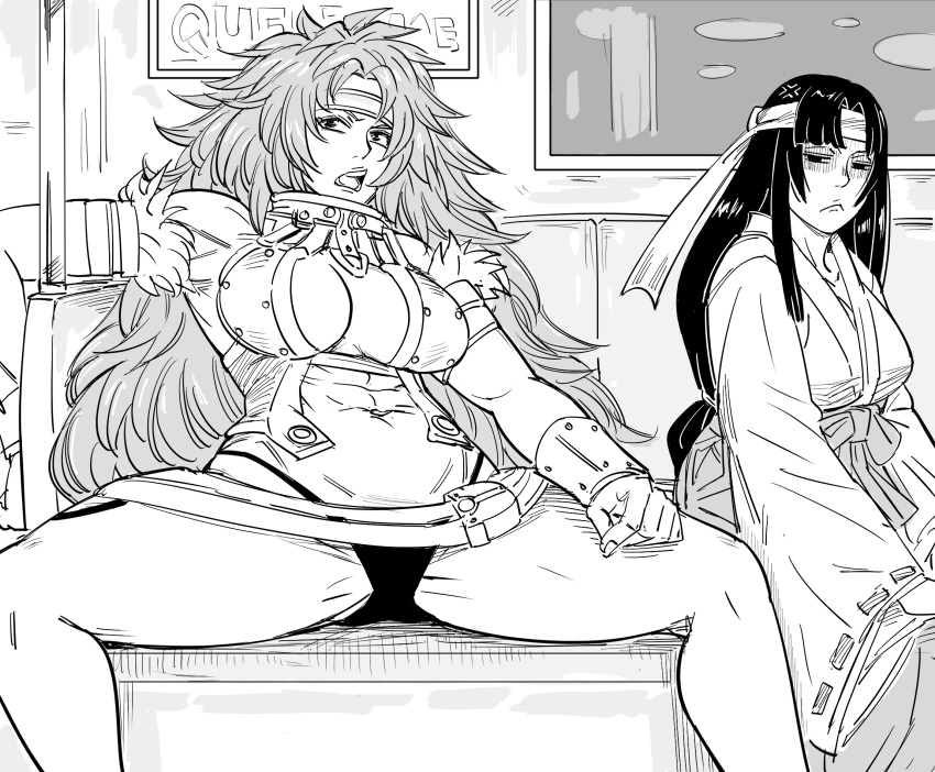 2girls :&lt; abs bb_(baalbuddy) big_hair breasts closed_mouth commentary english_commentary greyscale hakama hakama_skirt headband highres japanese_clothes large_breasts looking_at_viewer manspreading monochrome multiple_girls navel open_mouth panties pantyshot queen's_blade risty sitting skirt spread_legs subway tomoe_(queen's_blade_unlimited) underwear