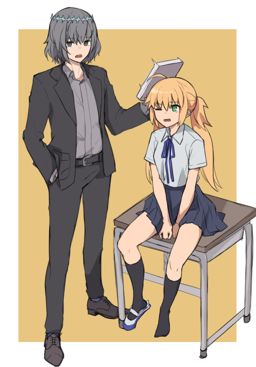 1boy 1girl absurdres ahoge alternate_costume artoria_pendragon_(caster)_(fate) artoria_pendragon_(fate) bangs between_legs black_jacket black_legwear black_pants black_skirt blonde_hair blue_ribbon brown_background brown_footwear collared_shirt desk eyebrows_visible_through_hair fate/grand_order fate_(series) formal full_body green_eyes grey_eyes grey_hair grey_shirt hair_between_eyes hand_between_legs hand_in_pocket highres jacket kneehighs kopaka_(karda_nui) neck_ribbon oberon_(fate) on_desk one_eye_closed open_clothes open_jacket open_mouth pants pleated_skirt ribbon school_desk school_uniform shirt shoes single_shoe sitting sitting_on_desk skirt standing suit teacher teacher_and_student twintails two-tone_background uwabaki wavy_mouth white_background white_footwear white_shirt