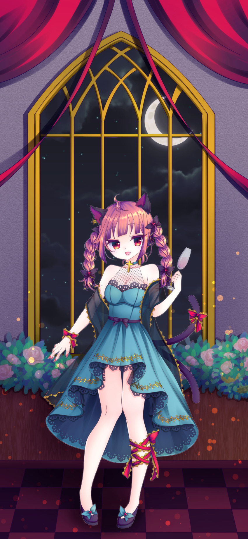 1girl :d absurdres adapted_costume animal_ears antenna_hair bangs bare_shoulders blunt_bangs braid cat_ears cat_tail cup dress drinking_glass flower flower_request full_body green_dress highres holding holding_cup indoors kaenbyou_rin long_hair looking_at_viewer multiple_tails nekomata night norimakiomoti2 pink_flower red_eyes redhead smile solo standing star_(sky) tail touhou twin_braids twintails two_tails window wine_glass