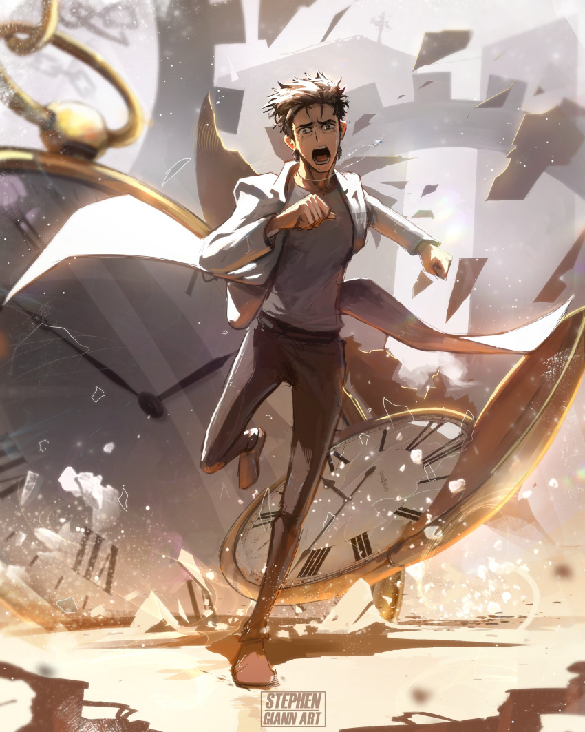 1boy absurdres artist_name black_hair black_pants broken_glass brown_footwear gears glass grey_shirt highres hourglass jewelry lab_coat long_sleeves male_focus necklace okabe_rintarou open_mouth oversized_object pants pocket_watch running screaming shirt short_hair solo steins;gate stephengiannart teeth watch yellow_eyes