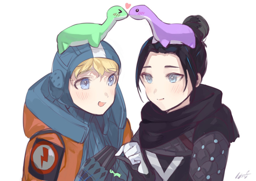 2girls apex_legends bangs black_bodysuit black_hair black_scarf blue_bodysuit blue_eyes blue_gloves blue_headwear blush bodysuit eyebrows_visible_through_hair gloves grey_gloves hair_behind_ear hair_bun heart hood hooded_jacket jacket lightning_bolt_symbol looking_to_the_side multiple_girls nessie_(respawn) on_head orange_jacket peso_(honopesopeso) ribbed_bodysuit scarf smile stuffed_animal stuffed_toy wattson_(apex_legends) wraith_(apex_legends) yuri