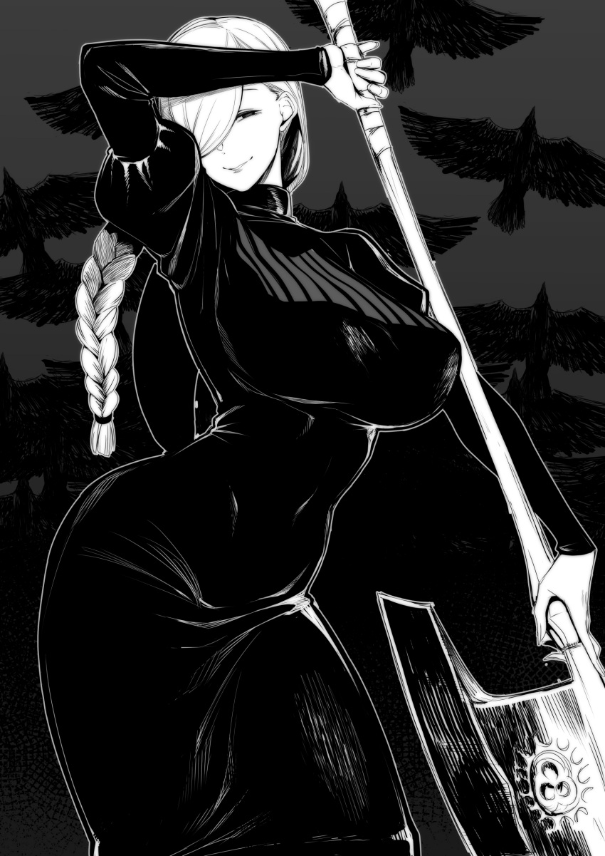 1girl absurdres bird braid breasts closed_mouth copyright_request covered_navel crow dress greyscale hair_over_one_eye half-closed_eyes hand_up highres holding holding_weapon huge_breasts huge_weapon juliet_sleeves long_dress long_sleeves looking_at_viewer monochrome nakamura_regura one_eye_closed puffy_sleeves smile solo weapon