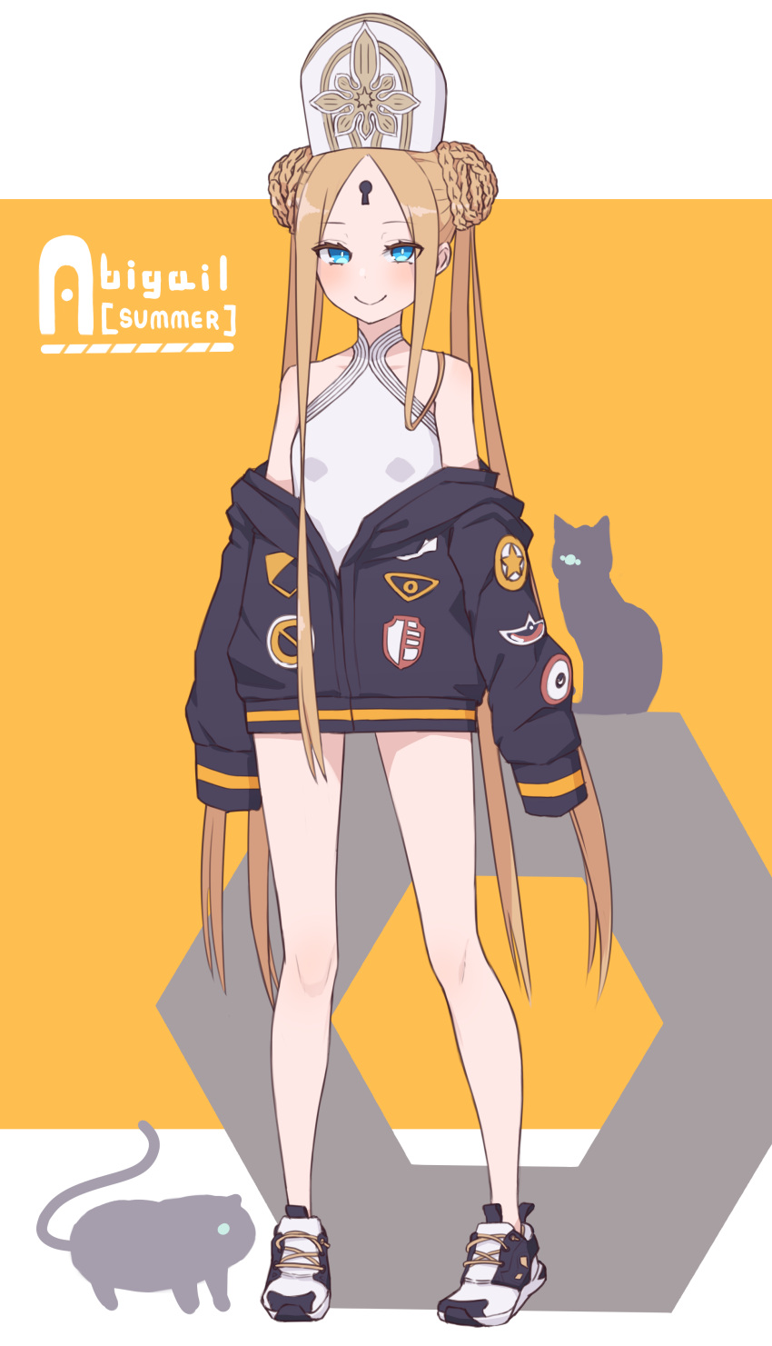 1girl abigail_williams_(fate) abigail_williams_(swimsuit_foreigner)_(fate) absurdres bangs bare_shoulders black_cat black_jacket blonde_hair blue_eyes braid braided_bun breasts cat double_bun dress_swimsuit fate/grand_order fate_(series) forehead full_body hat highres jacket kopaka_(karda_nui) legs long_hair long_sleeves mitre off_shoulder parted_bangs shoes sidelocks small_breasts sneakers swimsuit twintails very_long_hair white_headwear white_swimsuit