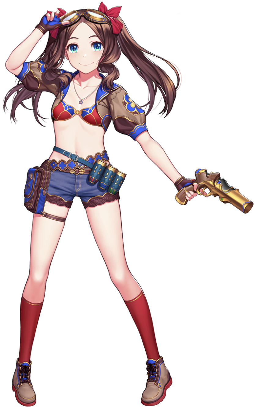 1girl absurdres blue_shorts bow bra breasts brown_footwear brown_hair collarbone fate/grand_order fate_(series) fingerless_gloves floating_hair full_body gloves goggles goggles_on_head grey_background gun gustavoribeiro hair_bow handgun highres holding holding_gun holding_weapon jewelry kneehighs leonardo_da_vinci_(fate) long_hair looking_at_viewer midriff navel necklace red_bow red_bra red_legwear shiny shiny_hair short_shorts short_sleeves shorts shrug_(clothing) simple_background small_breasts solo standing star_(symbol) star_necklace stomach underwear weapon
