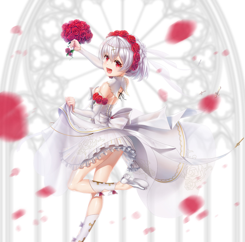 1girl back bangs bare_shoulders blurry blurry_foreground bouquet dress flower gotointhepark highres holding holding_bouquet honkai_(series) honkai_impact_3rd looking_at_viewer looking_back petals red_eyes red_flower red_rose rose shoe_soles simple_background solo theresa_apocalypse theresa_apocalypse_(luna_kindred) wedding_dress white_dress white_footwear white_hair white_sleeves