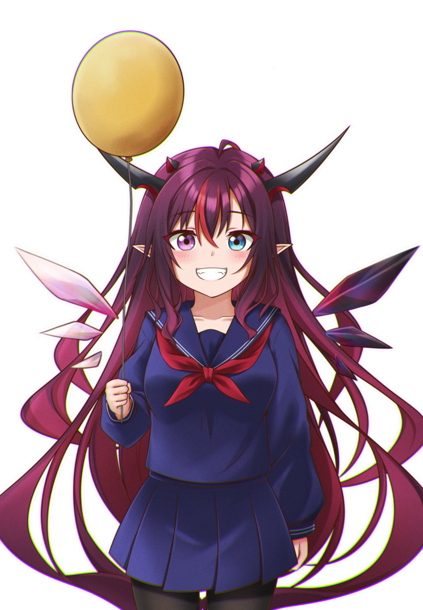 1girl absurdres balloon black_legwear blue_eyes blue_sky blush breasts collarbone eyebrows_visible_through_hair grin heterochromia highres holding holding_balloon hololive hololive_english horns irys_(hololive) jan_azure large_breasts long_hair looking_at_viewer neckerchief pantyhose parted_lips pleated_skirt pointy_ears red_neckerchief redhead skirt sky smile solo teeth violet_eyes virtual_youtuber