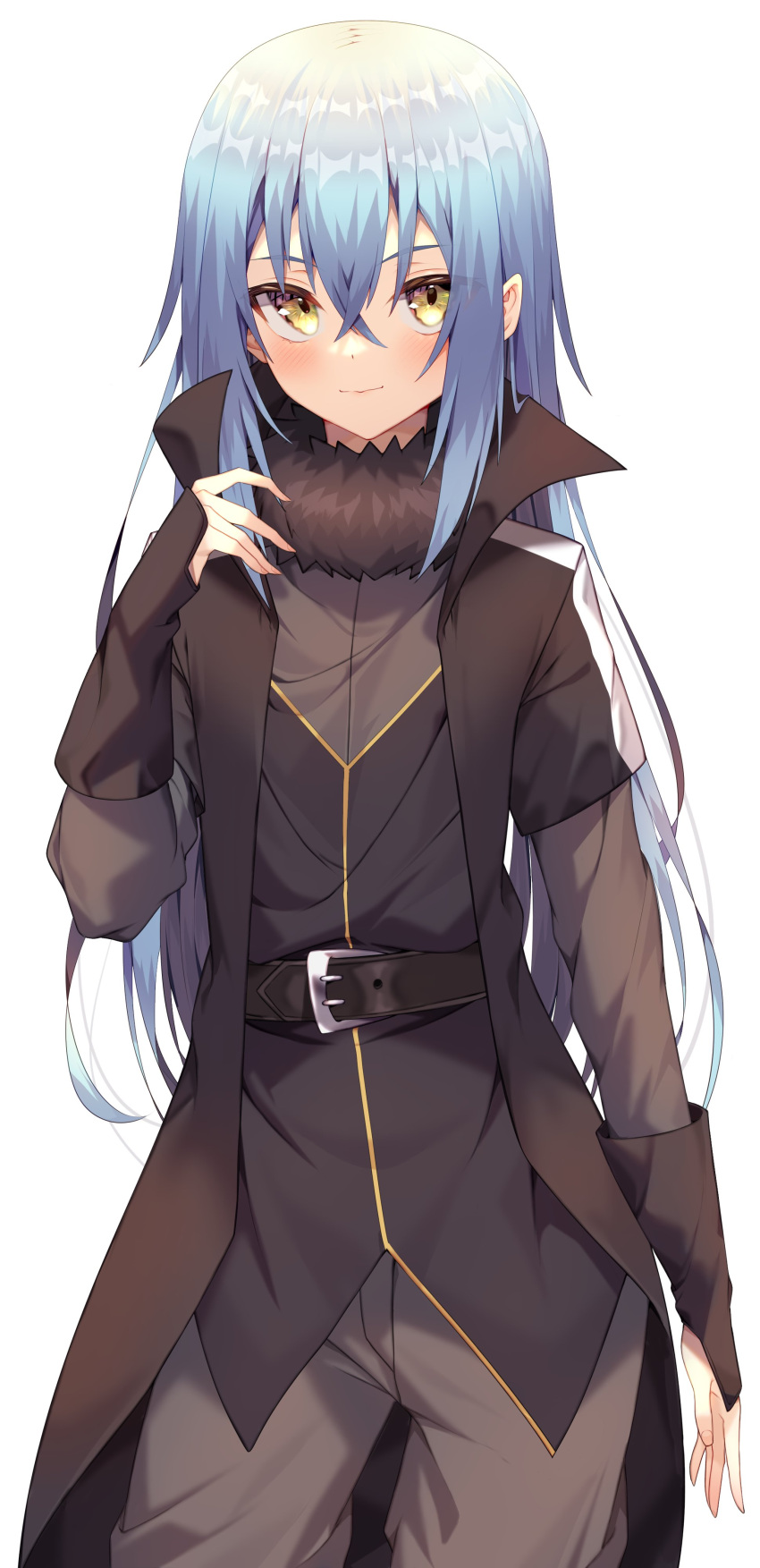 1other absurdres androgynous bangs belt belt_buckle black_belt black_coat black_vest blue_hair blush buckle closed_mouth coat cowboy_shot grey_pants hair_between_eyes highres jun_(aousa0328) long_hair long_sleeves looking_at_viewer open_clothes open_coat pants rimuru_tempest shiny shiny_hair smile standing straight_hair tensei_shitara_slime_datta_ken very_long_hair vest yellow_eyes