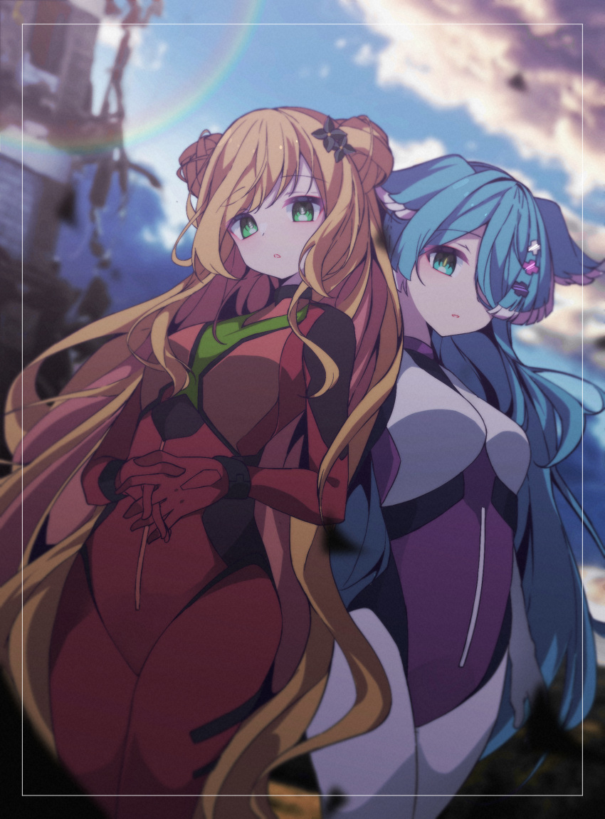 2girls :o amadeus_(amadeus0903) ayanami_rei ayanami_rei_(cosplay) back-to-back bangs blonde_hair blue_eyes blue_hair breasts clouds commission cosplay double_bun elira_pendora english_commentary eyebrows_visible_through_hair green_eyes hair_over_one_eye head_wings highres korean_commentary lens_flare long_hair medium_breasts mixed-language_commentary multiple_girls neon_genesis_evangelion nijisanji nijisanji_en nijisanji_kr one_eye_covered pilot_suit plugsuit second-party_source seffyna sky souryuu_asuka_langley souryuu_asuka_langley_(cosplay) very_long_hair virtual_youtuber