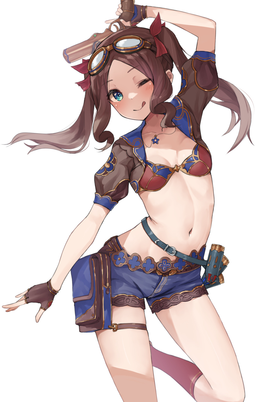 1girl absurdres bangs belt bikini bikini_top_only blue_eyes blue_shorts blush breasts brown_gloves brown_hair buckle collarbone fate/grand_order fate_(series) fingerless_gloves forehead gloves goggles gun hair_ribbon highres jewelry kneehighs kopaka_(karda_nui) leonardo_da_vinci_(fate) leonardo_da_vinci_(swimsuit_ruler)_(fate) licking_lips long_hair looking_at_viewer navel necklace one_eye_closed parted_bangs pouch puffy_short_sleeves puffy_sleeves red_bikini red_ribbon ribbon short_shorts short_sleeves shorts shrug_(clothing) sidelocks small_breasts solo swimsuit thighs tongue tongue_out twintails weapon